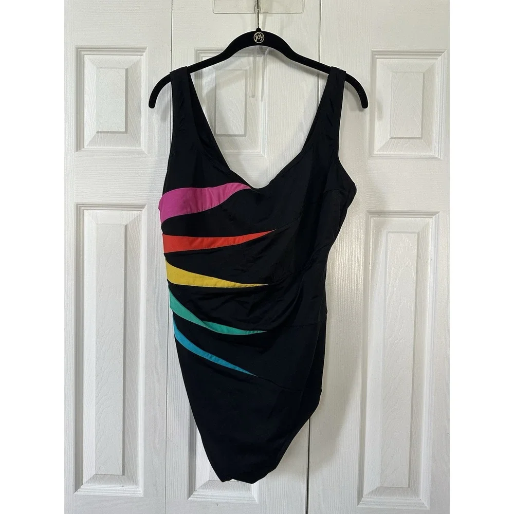 Longitude One Piece Swimsuit Size 22W Black Multicolor Striped Tummy Resort